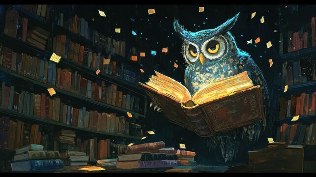 A magical library with floating books and enchanted creatures, featuring a wise old owl reading a giant tome, in a whimsical cartoon style, on a black background 