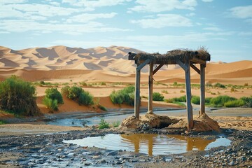 Desert landscape with an old well and water reflection