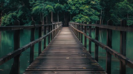 Fototapeta premium Wood Bridge. A Dark-Toned Wooden Bridge in a Serene Natural Landscape
