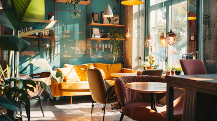 Fototapeta premium Cozy and inviting café with a vivid, stylish interior, bathed in natural light, featuring plush seating, plants, and eclectic decor.