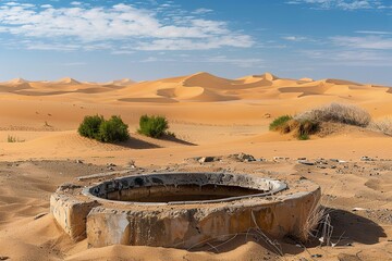 Old well in the desert with sand dunes and vegetation
