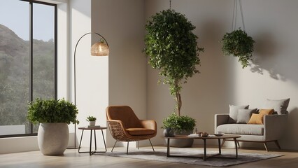 Fototapeta premium Modern living room interior design concept mock-up image, AI generated interior design template content image.