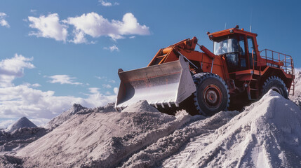 A bright orange bulldozer moves through a sandy hill under a vibrant blue sky with scattered clouds, showcasing hard work and industrial progress.