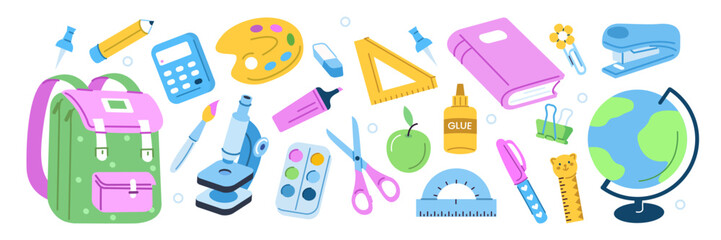 Back to school supplies stickers set. School stationery scrapbooking collection. Backpack, book, pen, globe and other educational elements. Modern cartoon concept. Vector illustration.