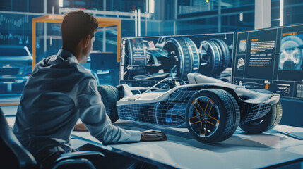 A sleek car model blueprint being examined in a high-tech design studio filled with state-of-the-art screens and devices.