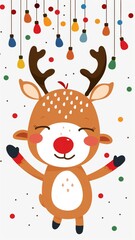 Naklejka premium Cute Reindeer with christmas festive lights antlers, a simple flat vector illustration, on a white background. reindeer wearing a santa hat. Cartoon of a deer