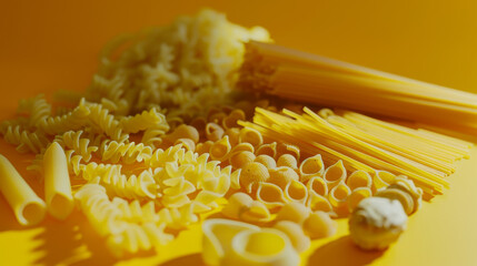 An array of different pasta types spread out on a vibrant orange background, showcasing their unique textures and shapes.