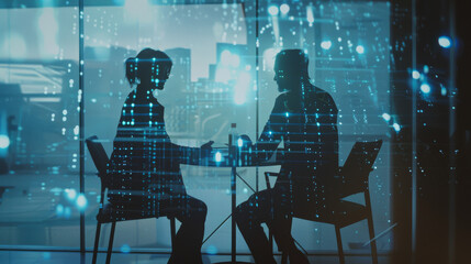 Silhouettes of two people in a blue lit office discussing over a table, interspersed with digital data overlay, evoking futuristic collaboration.