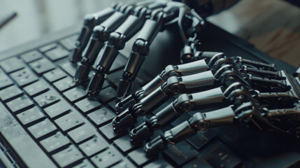 Naklejka premium Metal robotic hands typing on a keyboard, symbolizing the merger of technology and human input in modern computing.