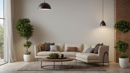 High resolution Stylish living room interior design concept mock-up image, AI generated interior design template content.