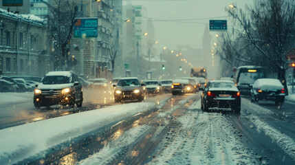 Obraz premium Snow-covered street bustling with cars, headlights cutting through the falling snow, creating a cozy yet busy urban winter evening scene.