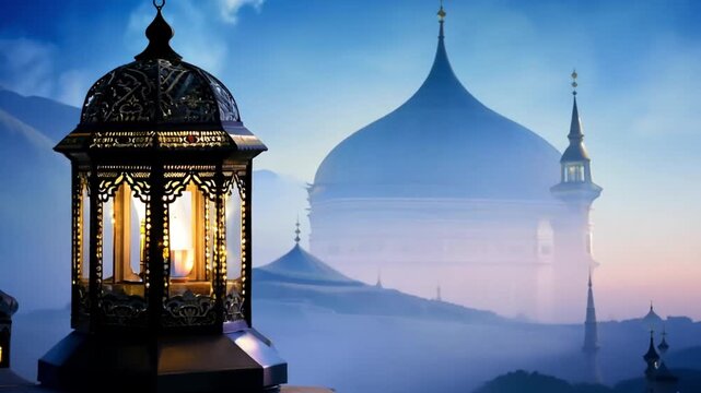 Islamic Arabic lantern in the beautiful night fantasy animation. Ramadan Kareem concept. Video looping animation