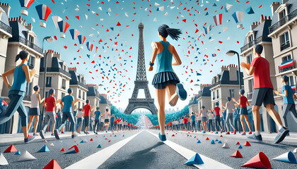 Obraz premium Origami Style Marathon at the Eiffel Tower: Paris 2024 Olympics, Festive Confetti, Runners and Spectators