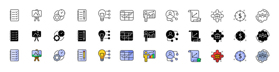 Brief set icons. Work icons. Linear, silhouette and flat styles. Vector icons.