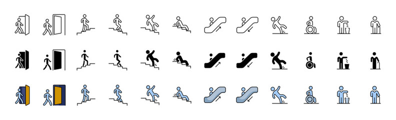 Walker set icons. Linear, silhouette and flat styles. Vector icons.
