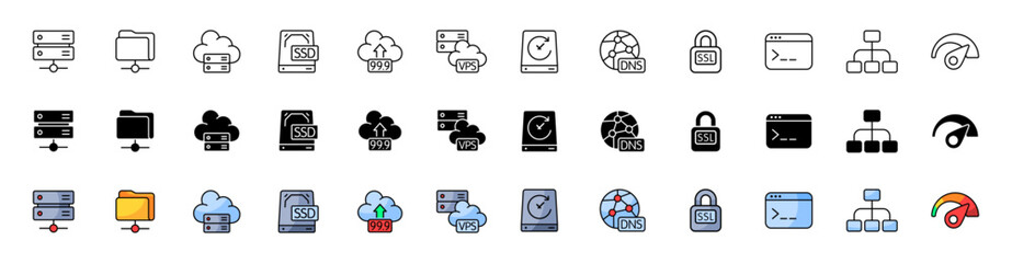 Cloud storage set icons. Internet icons. Linear, silhouette and flat styles. Vector icons.