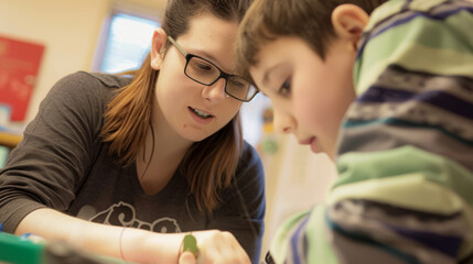 Woman assists a young boy in a well-lit room, depicting a nurturing moment of tutoring or teaching.