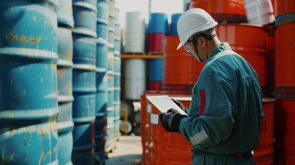 An industrial worker wearing a helmet and gloves inspects equipment in a warehouse filled with colorful metal barrels, focusing intently on his tablet.