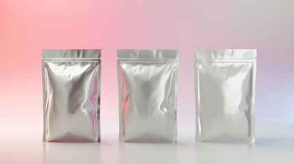 Three silver pouches are neatly aligned against a gradient backdrop, merging from pink to blue, showcasing sleek and modern packaging aesthetics.