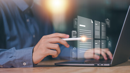 Accountant showing office document auditing concept ,plan review process and assess correctness ,Management of important document storage of organization ,document system ,accountant Audit documents.