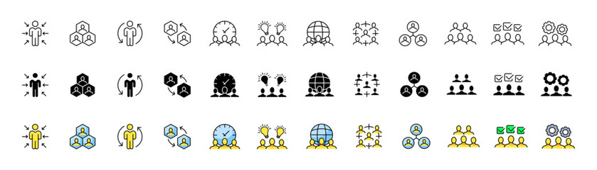 Cooperation set icons. Teamwork icons. Linear, silhouette and flat styles. Vector icons.
