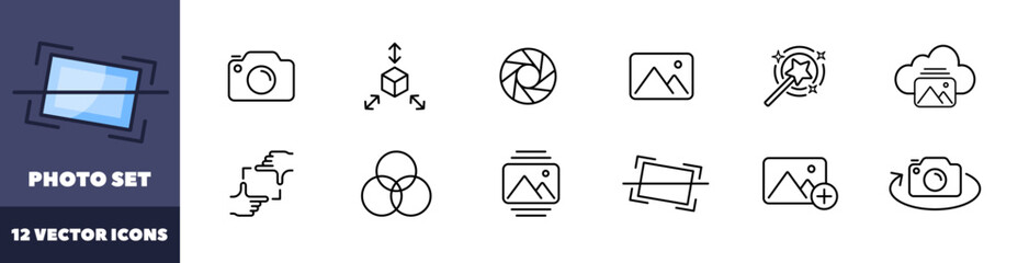 Photo set icons. Gallery icons. Linear style. Vector icons.