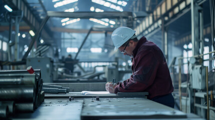 Fototapeta premium A focused factory worker in a hard hat documents production details in an expansive, industrial setting filled with machinery and ambient lighting.