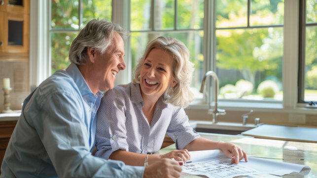 A joyful elderly couple shares a moment of laughter while looking at blueprints in a bright kitchen with large windows, capturing a timeless connection.