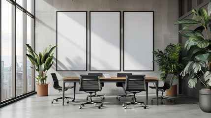 Conference room Office meeting room presentation style Minimalist design sized small Room three Frame Mockup black chair cement wall background