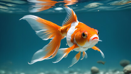 Orange and white goldfish swimming in a clear blue water