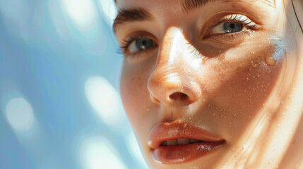 Partial close-up of a face glowing under sunlight, with a hint of freckles, emphasizing natural beauty and fresh radiance.