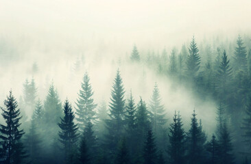 Foggy Pine Forest with Tall Trees