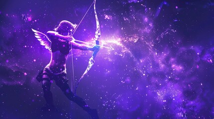 A luminous archer aiming into outer space, in an unearthly artistic style, against the background of a dark galaxy. The concept of astrology and zodiac signs. Sagittarius.
