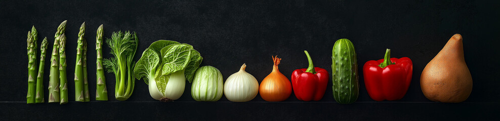 Photorealistic vegetables in a row on a black background . On the left side is an asparagus; in the middle are green bok choy, cucumber, onion and red bell pepper.