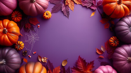 Fototapeta premium Vibrant Halloween scene with colorful pumpkins, autumn leaves, and spider webs against a rich purple backdrop