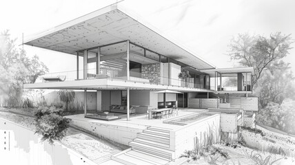 Modern Architectural Sketch of a Contemporary House with Glass Walls and Open Spaces