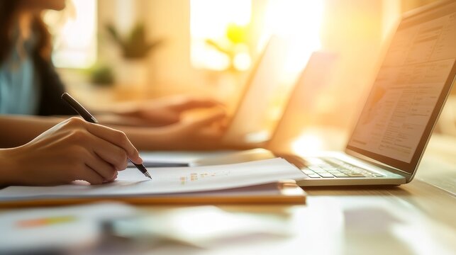 Work with young business crew. Meeting of project managers. Analyzing plans, papers. Blurred background, film effect.