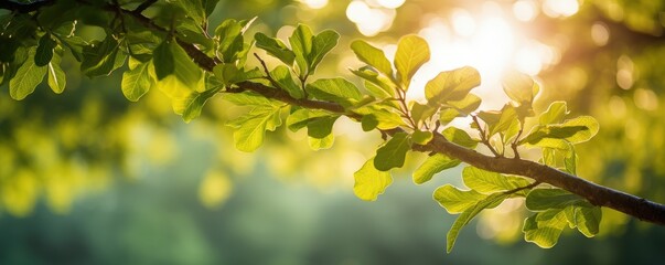Obraz premium Sunlit Tree Branch with Vibrant Green Leaves