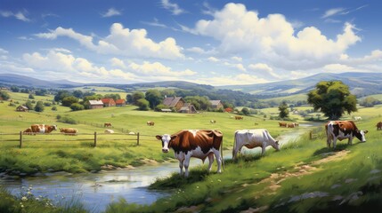 Fototapeta premium cows field oranic farm