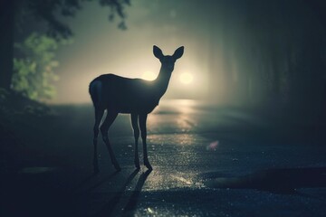 blue Deer silhouetted against car headlights on a dark road.