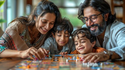 Fototapeta premium Indian family of four playing a board game together