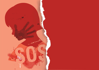 
Violence against children, red ripped paper banner template. 
Little girl head grunge silhouette with with hand print after hand slap and SOS sign. Place for your tex or image. Vector available.	