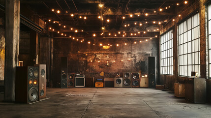 Abandoned Warehouse Transformed into Retro Rave Venue Invitation Party Backgound