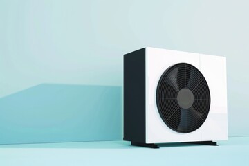 Modern air conditioning unit against minimalistic light blue background wall.