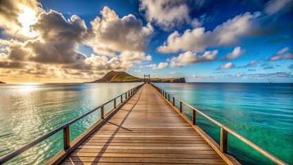 Obraz premium Wide-angle shot of a pier in Porto Santo isle during a peaceful morning, wide-angle shot., horizon, water, scenic, seascape, vacation, wooden structure, ocean,Porto Santo, tourism