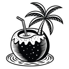 A vivid and lively illustration of a coconut on a beach, designed to be printed on a T-shirt.