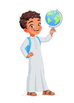 Happy Arab school boy holding a globe. Cartoon vector isolated illustration.
