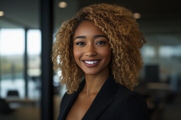 Obraz premium An office portrait of a confident black business woman working hard. Stock image.
