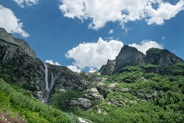 Shdugra waterfall with neighbour waterfalls near Village Mazeri, Svaneti. Expedition in Forest nearby Ushba Mountain.Shdugra waterfall near Mazeri, Georgia.
