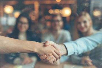 An office meeting ends with young business people shaking hands. Three persons attend the meeting.
